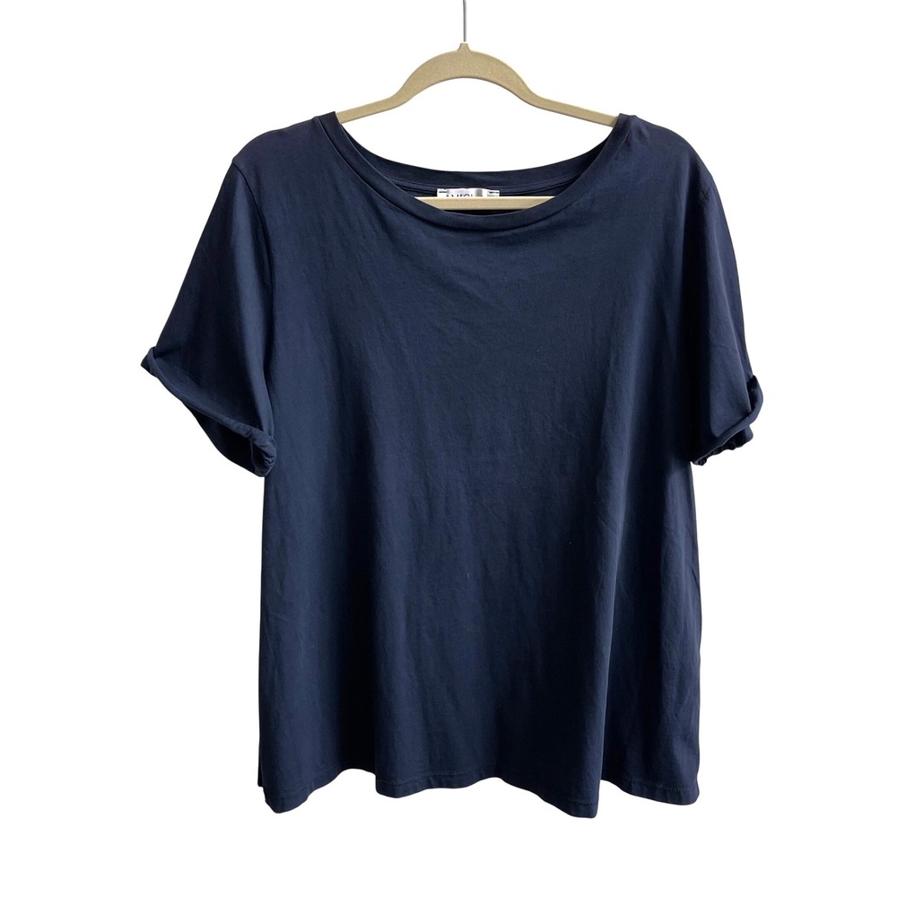 Amici by Baci Top Womens L Navy Blue Italian Cotton Peplum Back Short Sleeve Tee